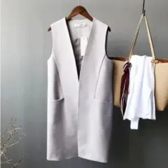 YANSOOヤンソー ライトグレー ノースリーブ ロングベスト ジレ グレー M