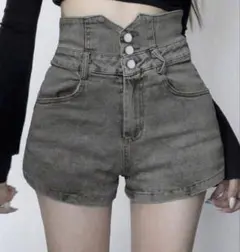 ハイウエスト スリミング ポケット付き デニムショーツ バックオープン