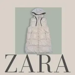 ZARA フェイクレザーフード付き中綿ロングダウンベスト L キルティング