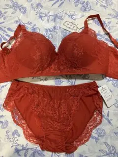 E75L ノンワイヤー　花柄刺繍×レースのブラ＆ショーツセット　オレンジ