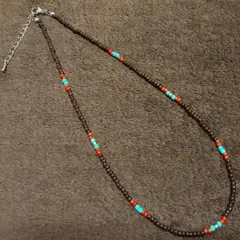ブラウン ターコイズ シルバーメタル ビーズネックレス 40cm−45cm
