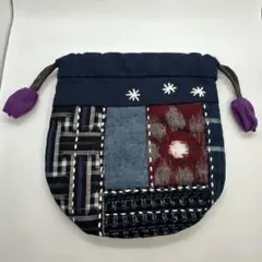 掠りパッチワーク巾着袋 ネイビー