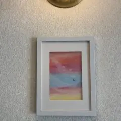オイルパステル画 空 月 雲　風景画 額縁付き 絵画　風景画