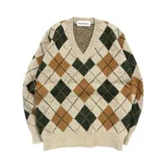 7AS5 ニット　セーター　アーガイル柄　Vネック　ベージュ　M 総柄　古着