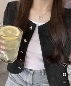 NUGU ハートボタンツイードジャケット FREEサイズ　ブラック