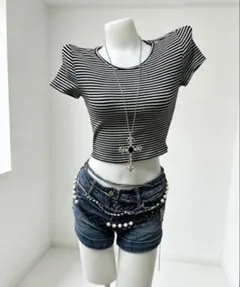 00s grunge y2k ボーダークロップド丈 半袖tops