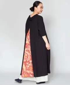→*♡様 正絹 黒喪服 自作 龍と牡丹 タック入りワンピース♪着物