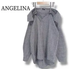 アンジェリーナ シャツ オフショルダー グレンチェックＦ グレー 肩あき