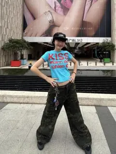 y2k チビT 水色 レディース M KISS ロゴ入り 半袖Tシャツ