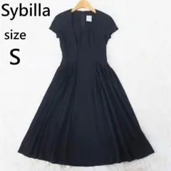 シビラ フレア ワンピース スクエアネック ストレッチ 半袖 ブラック S