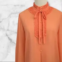 レトロブラウス　細ボウタイ　オレンジ フリルデザイン　シアー　レトロポップ　M