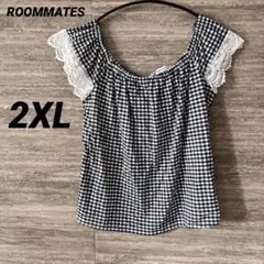 ROOMMATES◎ギンガムチェック半袖カットソー 大きいサイズ袖フリル レース