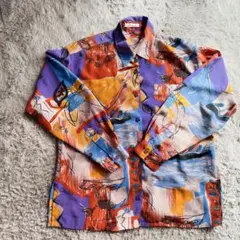 美品✨ 長袖 シャツ 総柄 古着 個性的 派手 リーフ柄 クリアボタン レトロ