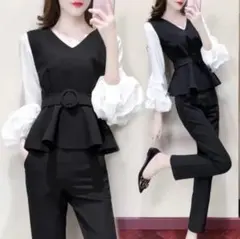 レディース パンツスーツ セットアップ フォーマル 黒 卒業式 入学式 通勤 M