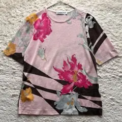 レオナール カットソー 半袖 花柄 トリム カンカン ストレッチ L
