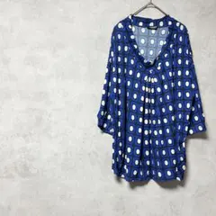 パレアッツ　日本製　カットソー　五分袖　総柄　個性的　青　黒　ドット　ギャザー