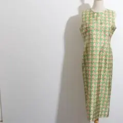 ★美品★NO BRAND ワンピース ノースリーブ ロング丈 花柄 グリーン