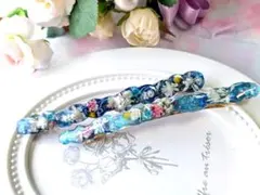 押し花デザイン スティックバレッタ 青系11ⅽⅿ2本セット ハンドメイドレジン