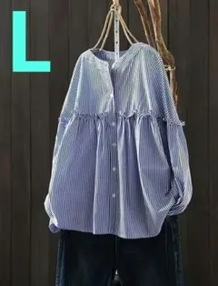 大人気❣️63 フリル付き ストライプシャツ バンドカラー L 可愛い❤️