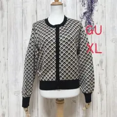 GU ジーユー ジャガード ニット カーディガン XL ダイヤ柄レトロモノトーン