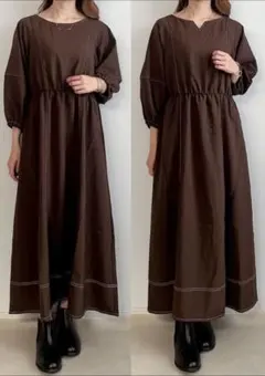 ランタンスリーブワンピース　ブラウン　Lサイズ