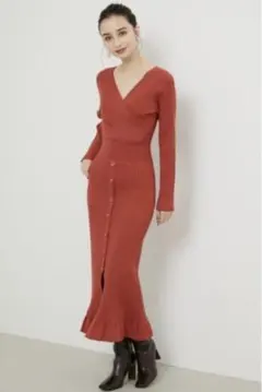 【美品】rienda テラコッタ Vネック ニットワンピース