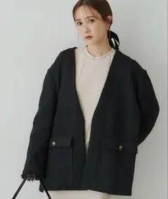 aunt marie's ノーカラーツイードオーバージャケット ブラック
