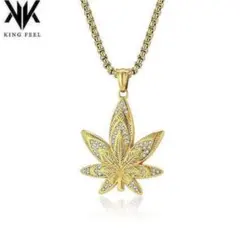 大麻リーフ CZダイヤ ゴールドネックレス ステンレス メンズ マリファナのサムネイル