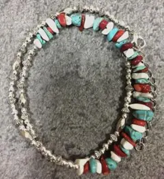 【美品】ナバホ調インディアン色天然石ネックレス ビーズパールサントドミンゴ古着