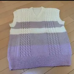 ニットベスト　ハンドメイド　ピンクグラデーション　白　ボーダー