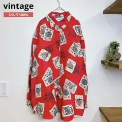 ヴィンテージ シルク100% トランプ柄 総柄シャツ レッド ビッグシルエット