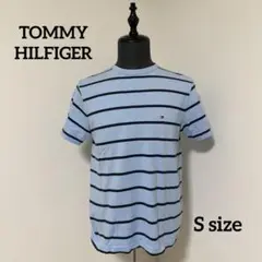 【TOMMY HILFIGER】半袖Tシャツ【S】水色 ボーダー 胸ロゴ刺繍