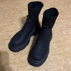 レディース  ブラック厚底ニットレースアップブーツ25cm