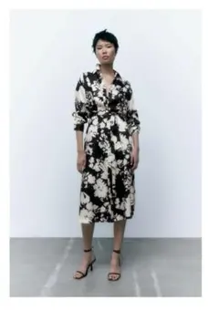 【ZARA】フラワープリント ロングシャツワンピース
