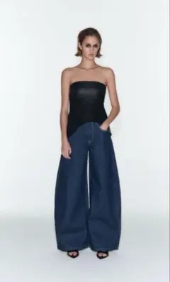 新品 タグ付 ZARA ワイドレッグ デニム パンツ 34 ザラ ダークブルー