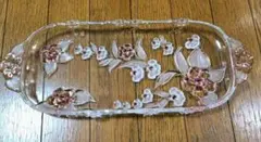 花模様の透明ガラス製大長方形トレー