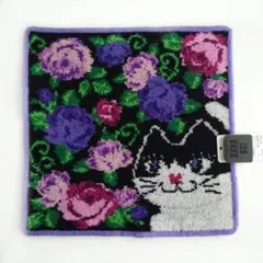 ANNA SUI シェニール織ハンカチ　ハチワレ猫とバラ　（パープル、ブラック）