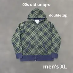 00s OLD UNIQLO ダブルジップ パーカー チェック柄 緑 y2k