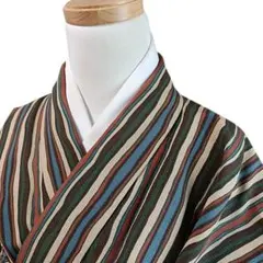 K141 袷 お召し物 着物 小紋 化繊 洗える着物 縞 ベージュ 緑 茶