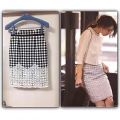 アプワイザー ギンガム裾刺しゅうレースタイトスカート