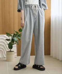 coen コットンレーヨンデニムワイドパンツ ライトグレー Mサイズ