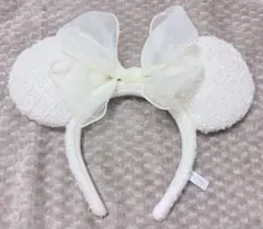 ディズニーリゾート　カチューシャ　ミニー　ホワイト　レース　ツイード　リボン　春