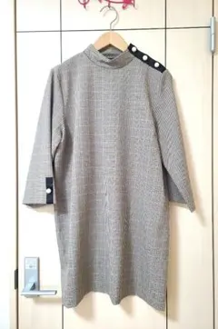 ZARA パール装飾チェック柄ハイネックAラインチュニックワンピースL お呼ばれ