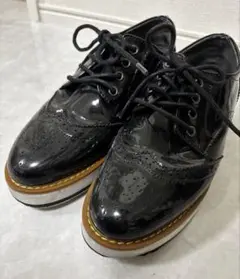 ローファー 24cm エナメル レースアップシューズ 厚底 黒