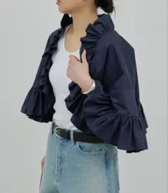 美品(^^)カフネcafuneフリルボウタイブラウス長袖38インディゴブルー