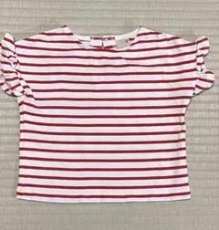 petit main 白赤ストライプ フリル袖 Tシャツ 80