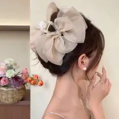 ボリューム シフォン リボン バンスクリップ ベージュ ヘアクリップ