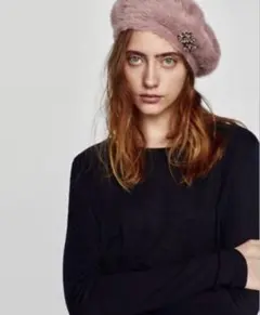 ZARA ブローチ 付き ベレー帽 ザラ ビジュー ザラ ピンク