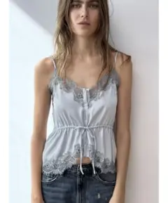 ザラ レースサテンキャミソール パールグレー S ZARA】ザラ XS サテンレースキャミソール パールグレー - メルカリ