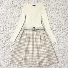 ブルーレーベルクレストブリッジ　ドッキングワンピース　リブニット　切替　ツイード